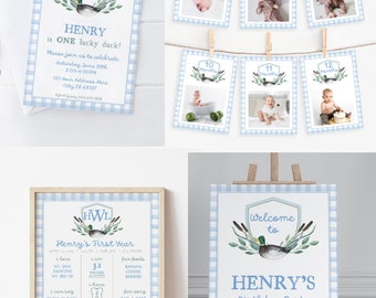 May include: A blue and white gingham patterned invitation for a first birthday party. The invitation features a duck and the text "Henry is ONE lucky duck!" The invitation also includes the date and time of the party, as well as the address and RSVP information.