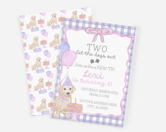 May include: A purple and white gingham patterned invitation with a pink bow. The invitation says "Two let the dogs out" and "Lexi is turning 2!" with a paw print graphic. The invitation also includes the date, time, and address for the party.