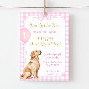 One Golden Year Birthday Invitation, First Birthday Invitation, Golden Retriever, Girl Birthday Invite, Pink Bow Gingham, Dog Birthday Party