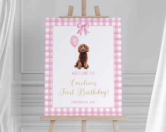 Cartello di benvenuto per il compleanno di Goldendoodle, Golden Doodle rosso, cartello per feste stampabile, One Golden Year, primo compleanno, quadretti rosa, acquerello, cane