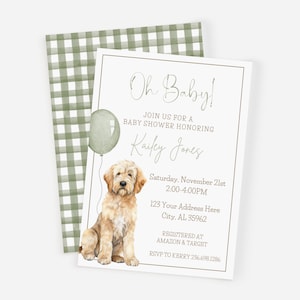 May include: A baby shower invitation with a green and white gingham pattern background. The invitation features a watercolor illustration of a golden doodle dog holding a green balloon. The text reads "Oh Baby!" and includes the name "Kailey Jones", the date and time of the shower, the address, and the registry information.