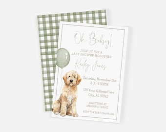 May include: A baby shower invitation with a green and white gingham pattern background. The invitation features a watercolor illustration of a golden doodle dog holding a green balloon. The text reads "Oh Baby!" and includes the name "Kailey Jones", the date and time of the shower, the address, and the registry information.