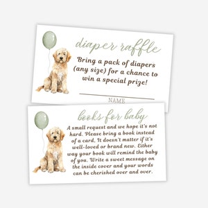 Chá de bebê Golden Doodle, jogos de chá de bebê, inserções de cartão de chá de bebê, cartão de rifa de fraldas, cartão de livros para bebê, para impressão, filhote de cachorro, digital