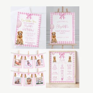 Pink Bow Golden Retriever Birthday Invitation, One Golden Year, Girl First Birthday Invite, Pink Gingham, Pink Balloon, Dog Theme Party