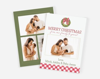 May include: A Christmas card with a red and green wreath with a red bow. The card has a photo of a family with a baby. The text on the card reads "Merry Christmas from our family to yours! Love, Mitch, Ashley & Baby James".