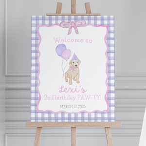 Birthday Party Welcome Sign, TWO let the dogs out, Birthday Paw-ty, Printable Poster, Dog Theme Party, Yellow Lab, Pink and Purple, Pink Bow