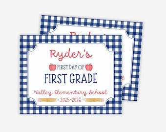 Cartello "Primo giorno di scuola", Cartello "Ultimo giorno di scuola", Cartello scolastico stampabile, Bambino, Vichy blu navy, Acquerello, Il mio primo giorno, Download digitale