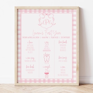 Plaque marquante premier anniversaire, écusson rose simple, Vichy rose aquarelle, monogramme, plaque rose de fête d'anniversaire, plaque marquante imprimable