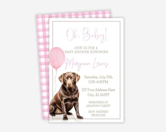 Może przedstawiać: Zaproszenie na baby shower z ilustracją brązowego labradora i różowego balonu. Zaproszenie zawiera tekst "Oh Baby!" oraz szczegóły wydarzenia, takie jak imię honorowanej osoby, data, godzina i miejsce.