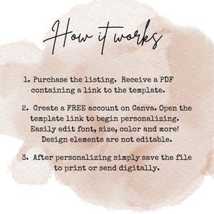 Op de afbeelding: Hoe het werkt: Koop de listing, ontvang een PDF met een link naar de Canva-sjabloon. Maak een gratis Canva-account aan, open de link naar de sjabloon om te personaliseren. Bewerk lettertype, grootte, kleur en meer eenvoudig. Designelementen zijn niet bewerkbaar. Nadat je hebt gepersonaliseerd, sla je het bestand op om te printen of digitaal te verzenden.