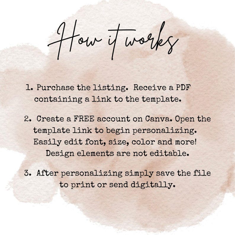 Op de afbeelding: Hoe het werkt: Koop de listing, ontvang een PDF met een link naar de Canva-sjabloon. Maak een gratis Canva-account aan, open de link naar de sjabloon om te personaliseren. Bewerk lettertype, grootte, kleur en meer eenvoudig. Designelementen zijn niet bewerkbaar. Nadat je hebt gepersonaliseerd, sla je het bestand op om te printen of digitaal te verzenden.