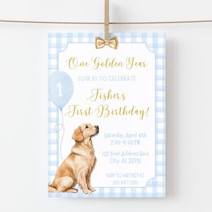 One Golden Year Birthday Invitation, First Birthday Invitation, Golden Retriever, Boy&#39;s Birthday Invite, Blue Gingham, Dog Birthday Party