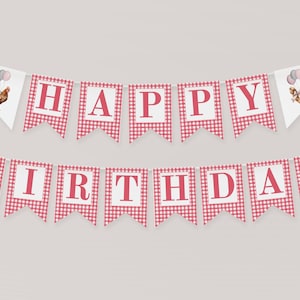 May include: A festive "Happy Birthday" banner with red and white gingham flags. The letters are in a bold, red font. Each end features a watercolor illustration of a chicken holding balloons. Perfect for a birthday party.