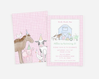 Inbjudan till bondgårdsfödelsedag, Oink Cluck Muo, festdjur, akvarell bondgårdsdjur. Rosa gingham, födelsedagsfestinbjudan, utskrivbar, digital