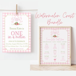 May include: A pink and white gingham-patterned invitation and a framed print. The invitation reads "Emma Kate is ONE in a melon" with event details. The framed print is a first-year milestone chart.