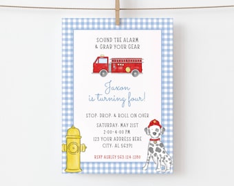 Firetruck Birthday Party Invitation, Fireman, Sound the Alarm, Stop Drop and Roll, Fire Station, Watercolor, Grandmillenial, Blue Gingham