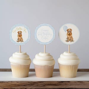 May include: Three cupcakes with white frosting and decorative toppers. The toppers feature a Golden Retriever illustration and text that reads "One Golden Year" and "Happy First Birthday, Carter!" The toppers have a blue gingham border.