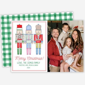 Tarjeta navideña con cascanueces, tarjeta navideña con foto, tarjeta festiva, tarjeta navideña con recuadro de imagen, cascanueces, acuarela, doble cara