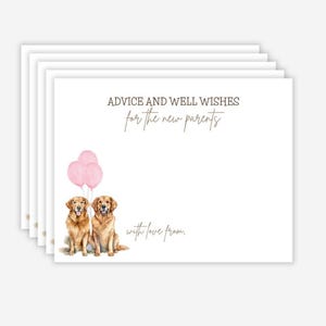 Zwei Golden Retriever Babypartykarte, Ratschläge und gut Wünsche Karte, Babypartyspiele, Hinweise für Eltern, Hund Thema Babyparty, rosa Schleife
