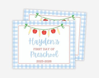 First Day of School Sign, Last Day of School Sign, Printable School Sign, Boy, Blue Gingham, Watercolor, My First Day, Digital Download