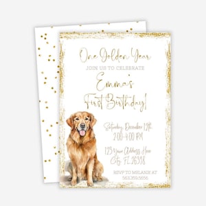 Um Ano Dourado, Convite de Aniversário Golden Retriever, Glitter Dourado, Bordas Douradas, Convite de Primeiro Aniversário, Aniversário Dourado, Festa Temática de Cachorro
