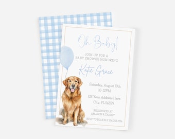 Golden Retriever Baby Shower Invitation, Blue Gingham, Baby Boy, Baby Shower Invite, Puppy Theme Shower, Dog Theme Baby Shower, Digital