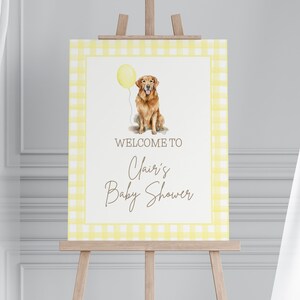 Baby Shower de Golden Retriever, letrero de bienvenida para baby shower, globo amarillo, género neutro, baby shower con temática de perros, decoración para baby shower, editable