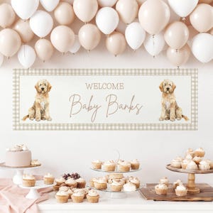 Golden Doodle Babyparty Banner, Hund Thema Dusche, Beige Gingham, Neutral, Babypartydekor, Willkommensbaby, bedruckbares Banner, Digital