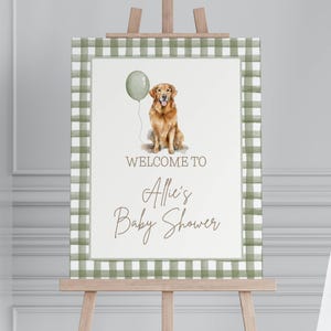 Golden Retriever Baby Shower, Baby Shower Welcome Sign, Green Balloon, Gender Neutral, Dog Theme Baby Shower, Baby Shower Decor, Editable