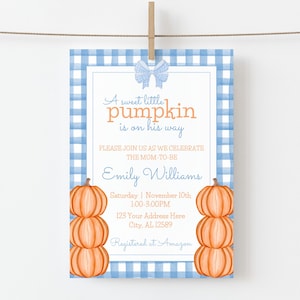Fall Baby Shower Invitation, A Sweet Little Pumpkin, Pumpkin Stack, Pumpkin Theme Baby Shower, Blue Gingham, Boy Baby Shower, Digital