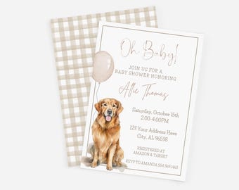 Invitación para baby shower con tema de golden retriever, cuadros vichy beige, neutro, invitación para baby shower, baby shower con tema de cachorro, baby shower con tema de perro, digital
