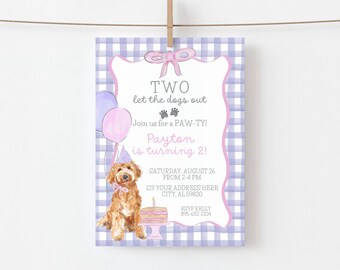 May include: A watercolor birthday invitation with a dog theme. The invitation features the text "TWO let the dogs out" and "Payton is turning 2!" with paw prints and a dog illustration. The background is a light purple gingham pattern.