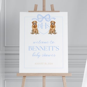 Golden Retriever Baby Shower Welcome Sign, Blue Bow Baby Shower, Monogram, Watercolor, Dog Theme Baby Shower, Party Welcome Sign, Digital