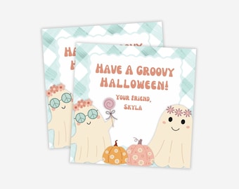 May include: Two cute ghosts with flower crowns and peace sign sunglasses on a blue and white checkered background. The text reads "Have a groovy Halloween! Your friend, Skyla".