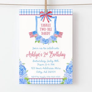 May include: A blue and white gingham patterned invitation with a red, white, and blue bow. The invitation is for Ashlyn's 2nd birthday and includes the text "Yankee Two-dle Dandy".