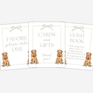Golden Retriever Babypartyschilder, Tischschilder, Gästebuchschild, Karten und Geschenke Schild, Gästebuchschild, bearbeitbar, druckbar, digitale Dusche