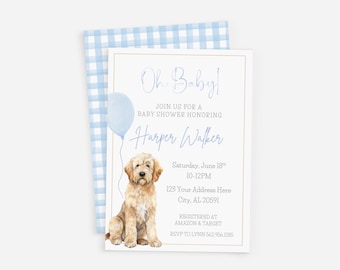 Puede incluir: Un fondo de cuadros azules y blancos con una tarjeta blanca. La tarjeta tiene un globo azul y un cachorro golden doodle. El texto de la tarjeta dice "Oh Baby! Únase a nosotros para una fiesta de bienvenida al bebé en honor a Harper Walker. Sábado 18 de junio, 10-12PM, 123 Your Address Here, City, AL 20591. Registrado en Amazon & Target. RSVP a Lynn 562.956.1285."