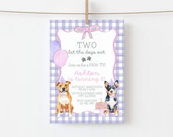 May include: A dog-themed birthday invitation with a lilac gingham background. The invitation features two dogs, balloons, and the text "TWO let the dogs out." It also includes party details and the name "Ashton".