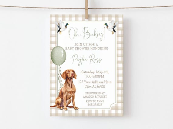 Vizsla Baby Shower Invitation, Beige Gingham, Printable Invite, Baby Sprinkle, Mallard Ducks, Neutral Colors, Dog Shower