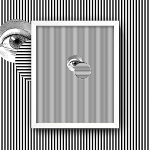 Black & White Op Art Print • Optical Illusion • 8x10 Print • Eyeball Poster • Stripes • Mid Century Modern Psychedelic