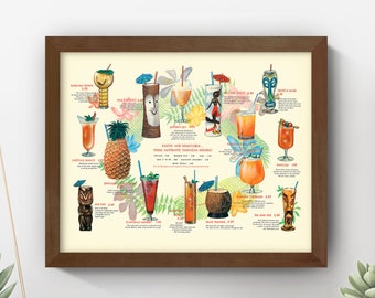 Vintage Tiki Cocktails Print • Tiki Menu Bar Art • Vintage Cocktails Wall Art • 5 Sizes! • Retro Tropical Kitchen Art Bar Art