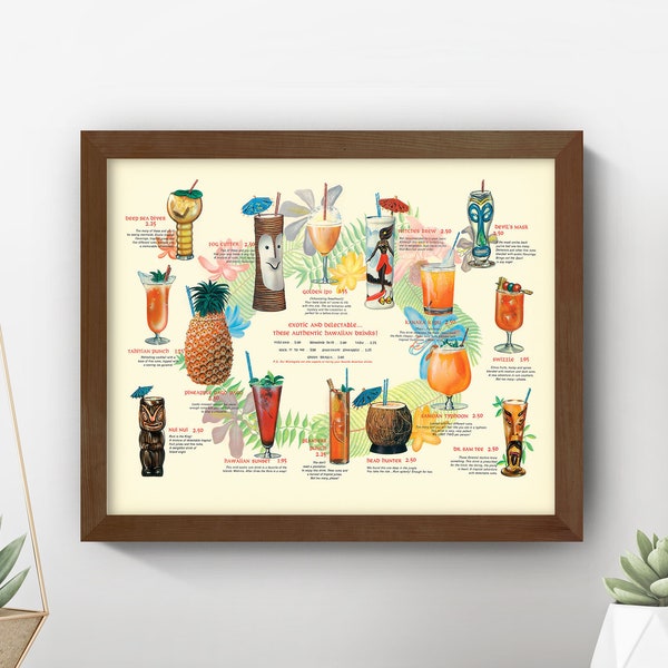 Vintage Tiki Cocktails Print • Tiki Menu Bar Art • Vintage Cocktails Wall Art • 5 Sizes! • Retro Tropical Kitchen Art Bar Art