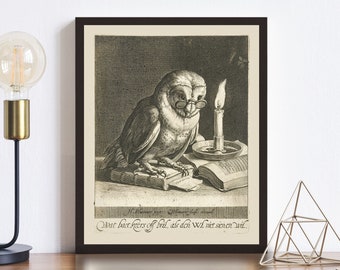 Vintage Wise Owl Print • Candlelight Reading Poster • 4 Sizes! • Gift for Book Lovers • Antique Late Night Reading Wall Art