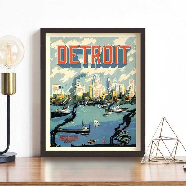 Vintage Detroit Travel Poster • Detroit print • 5 Sizes! • Port of Detroit / Detroit River / Michigan / Midwest