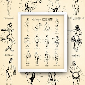 A Study in ASS-tronomy • Butt Shapes Print • Vintage Ass Diagram • Fun retro bathroom wall art • Booty Bum Buttocks Derriere Fanny Tush!