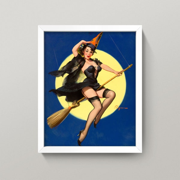 Vintage Pin Up Witch Print • Classic Witch on Broom Wall Decor • 4 Sizes! • Vintage Horror Halloween Goth Good Witch or Bad Witch?