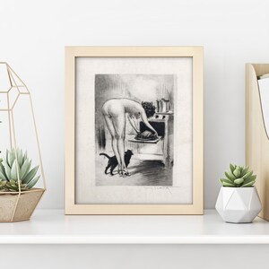 Nude in the Kitchen Print Vintage Kitchen Erotica 3 Sizes Risqué cook bending over a hot oven in sexy high heels with a black cat image 4