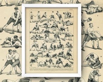 Antique Wrestlers Poster • Vintage Wrestling Chart • 3 Sizes! 8X10 9X12 & 12X16 • Wrestling Print Retro How to Wrestle Wall Art Wrestler