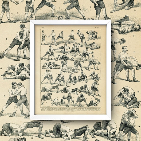 Antique Wrestlers Poster • Vintage Wrestling Chart • 3 Sizes! 8X10 9X12 & 12X16 • Wrestling Print Retro How to Wrestle Wall Art Wrestler