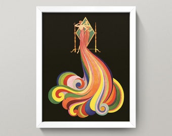 Vintage Rainbow Dress Trail Print  • 4 Sizes • Antique Art Deco Wall Art • 1920s Magazine Cover Rainbow Print Bathroom Art